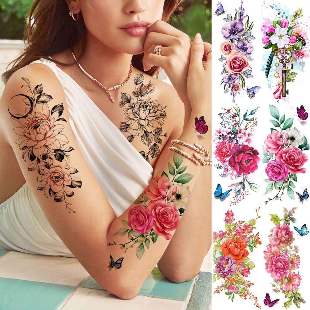 18 Sheets Sexy Flower Rose Temporary Tattoos For Women Girls Adults, Women Body Art Fake Arm Tattoo Stickers, Waterproof Moon Butterfly Black Floral Tattoo Temporary Orchid Dahlia Neck Tatoos