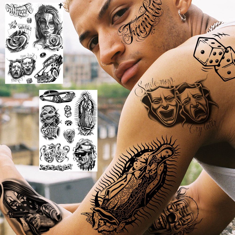 6 Sheets Large Chicano Temporary Tattoos For Men Women Adult, Chicana Guadalupe Gangster Fake Tattoos Prisoner Day of the Dead, Halloween Mexico Tattoo Stickers, Tatuajes Temporales Autocolante