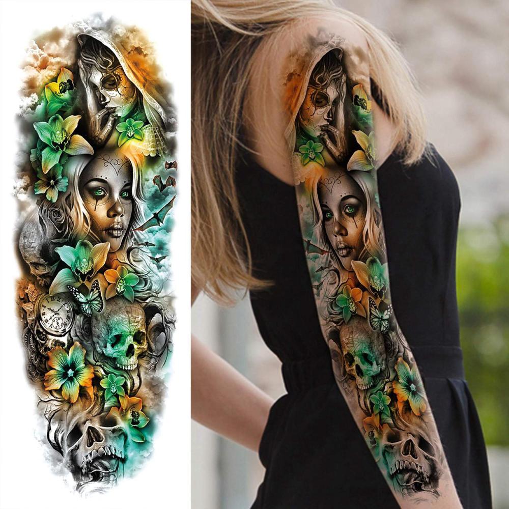 11 Sheets Large Vine Peony Flower Rose Full Arm Temporary Tattoos For Women Realistic Skull Skeleton Fake Temporary Tattoo Sleeves Stickers Waterproof Leg Makeup Floral Blossom Tatoos Paper Eye