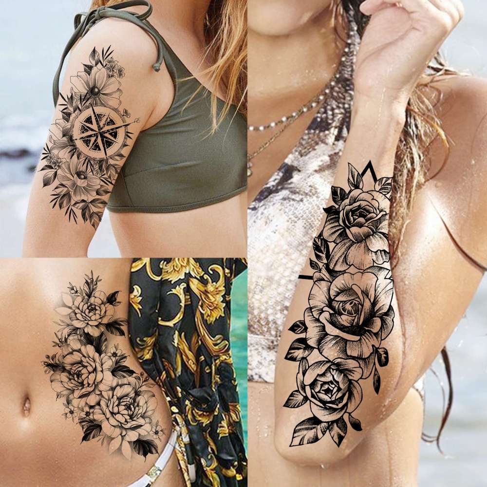 67 Sheets Black Realistic Rose Flower Temporary Tattoos For Women Girls Arm Thigh, Peony Moon Tiger Floral Temp Sleeve Tattoo Sticker Adult, Waterproof Fake Tatoos That Look Real And Last Long