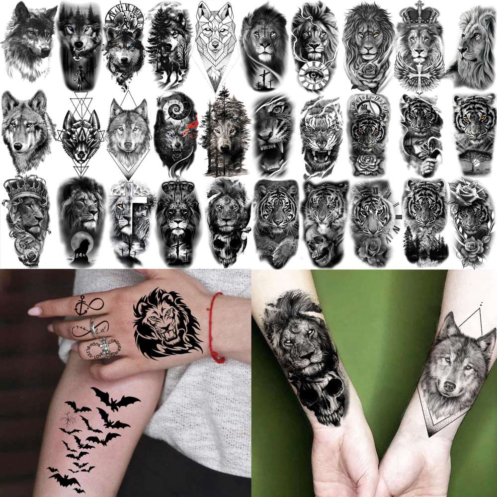 60 Sheets 3D Cool Lion Tiger Temporary Tattoos For Men Women Arm Finger Hands, Small Scary Devil Skull Skeleton Fake Tattoos For Adult Teens Halloween, Black Wolf Dragon Realistic Tatoo Sticker