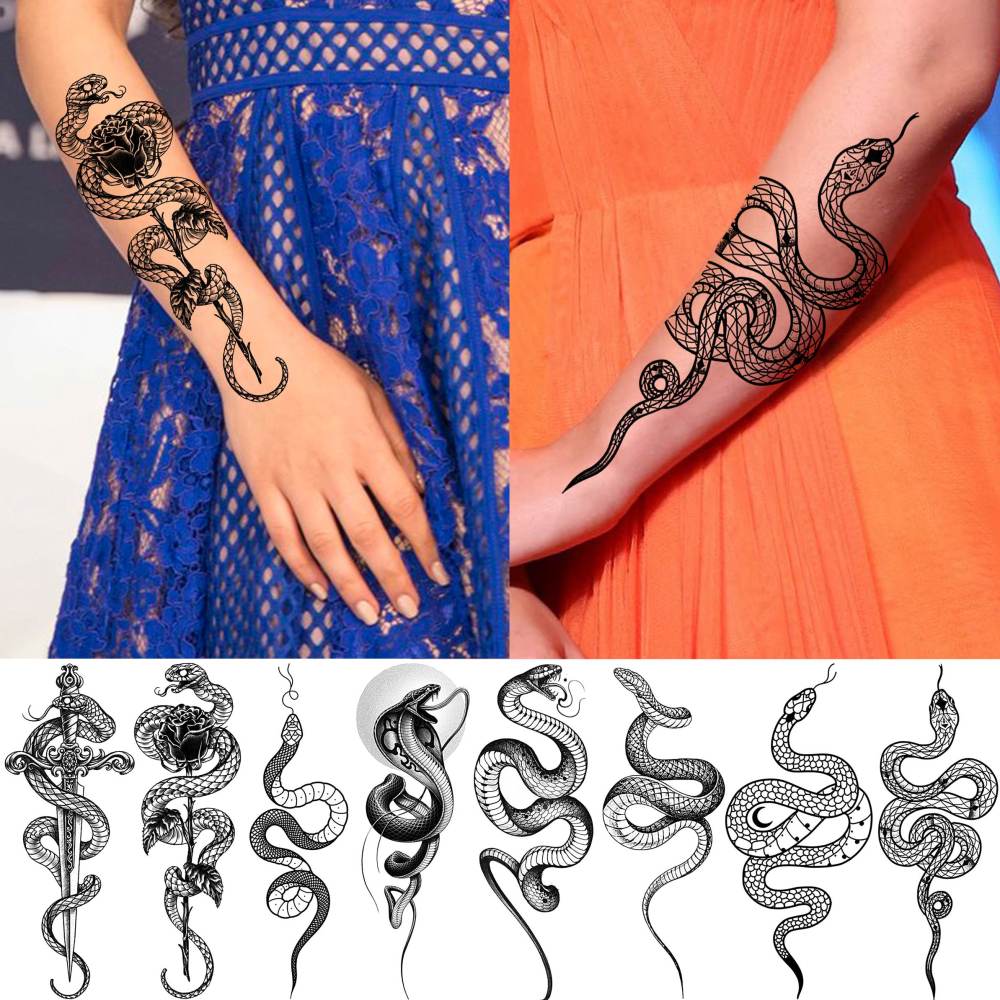 10 Sheets Realistic Snake Temporary Tattoos For Women Men Forearm Arm Sexy 3D Tribal Cobra Mamba Viper Serpent Tattoos Temporary Adults Kids Fake Tattoos Sticker Black Sword Rose Flower Tatoos