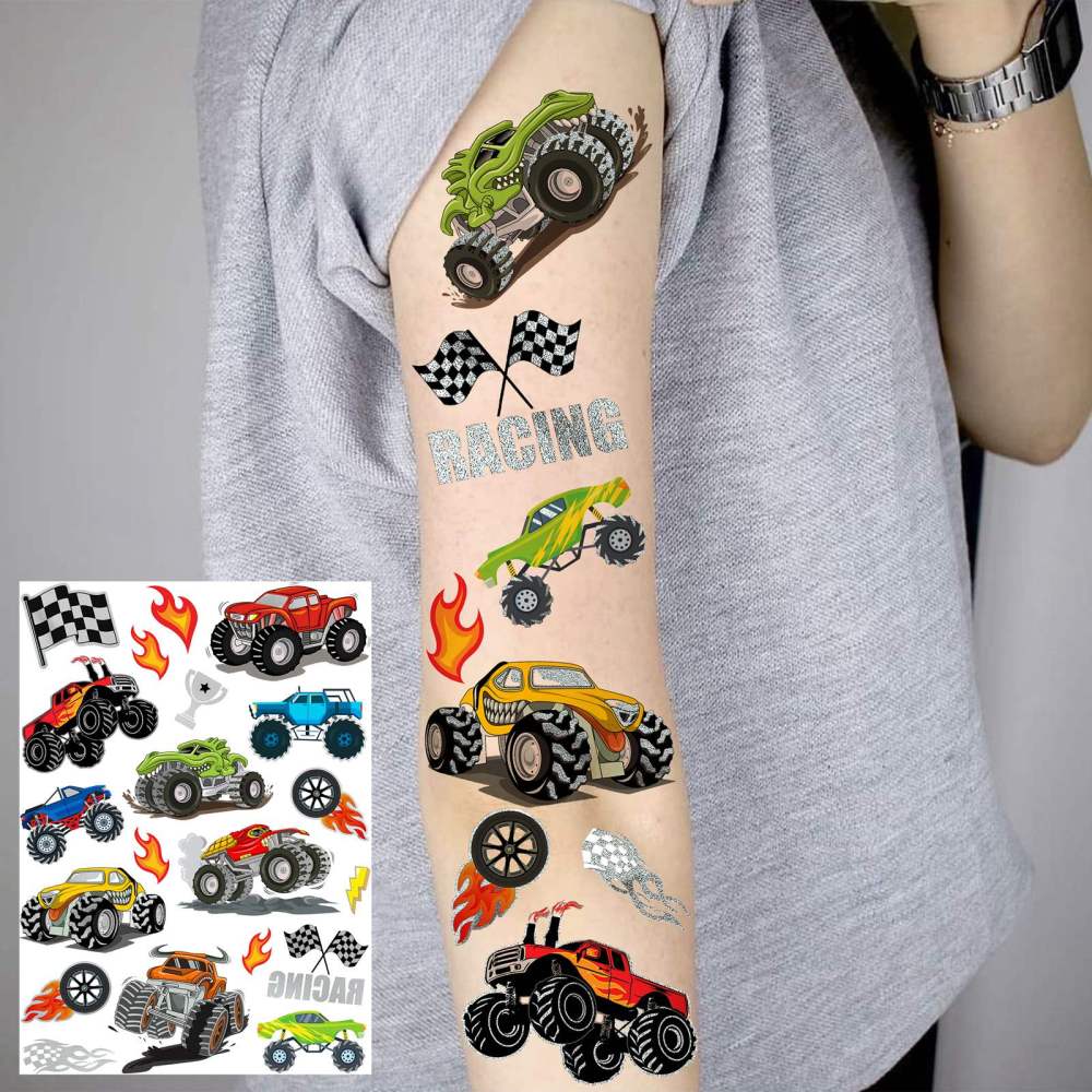 61+ PCS Monster Truck Temporary Tattoos For Kids Boys Girls, Groovy Flash Glitter Silver Metallic Fake Tattoo Sticker, Cartoon Racing Car Flames Trophy Face Tattoo Party Supplies Goodie Bags Stuffers