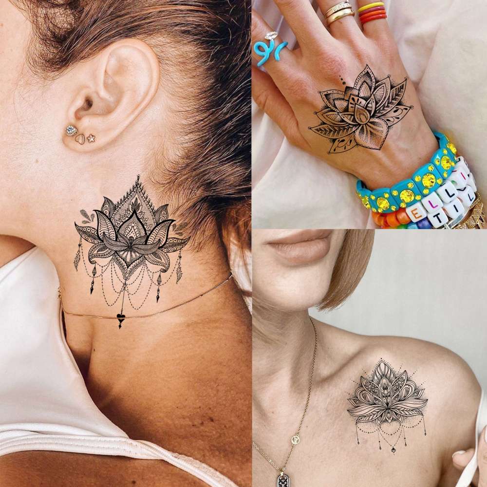 15 Sheets Sexy Black Lotus Temporary Tattoos For Women Wedding Brides, Tribal Fake Jewelry Pendant Lace Moon Moth Flowers Temp Tattoos Temporary Sticker For Girls Arm Neck Hands Tatoos Jewels