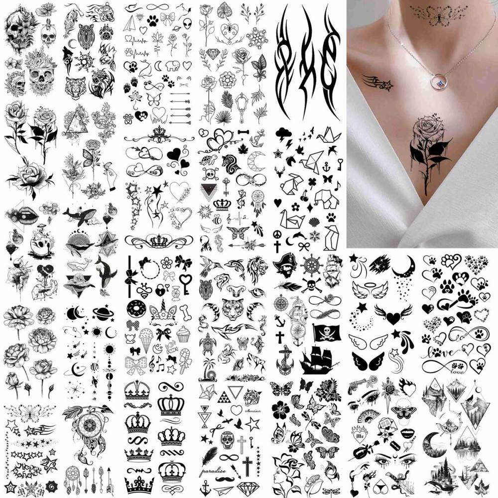 52 Sheets Creative Black Tiny Crown Infinity Triangle Fake Tattoos For Men Women Realistic Stars Letters Tattoos For Kids Temporary Waterproof Arm Hand Face Finger Neck Tatoo Stickers