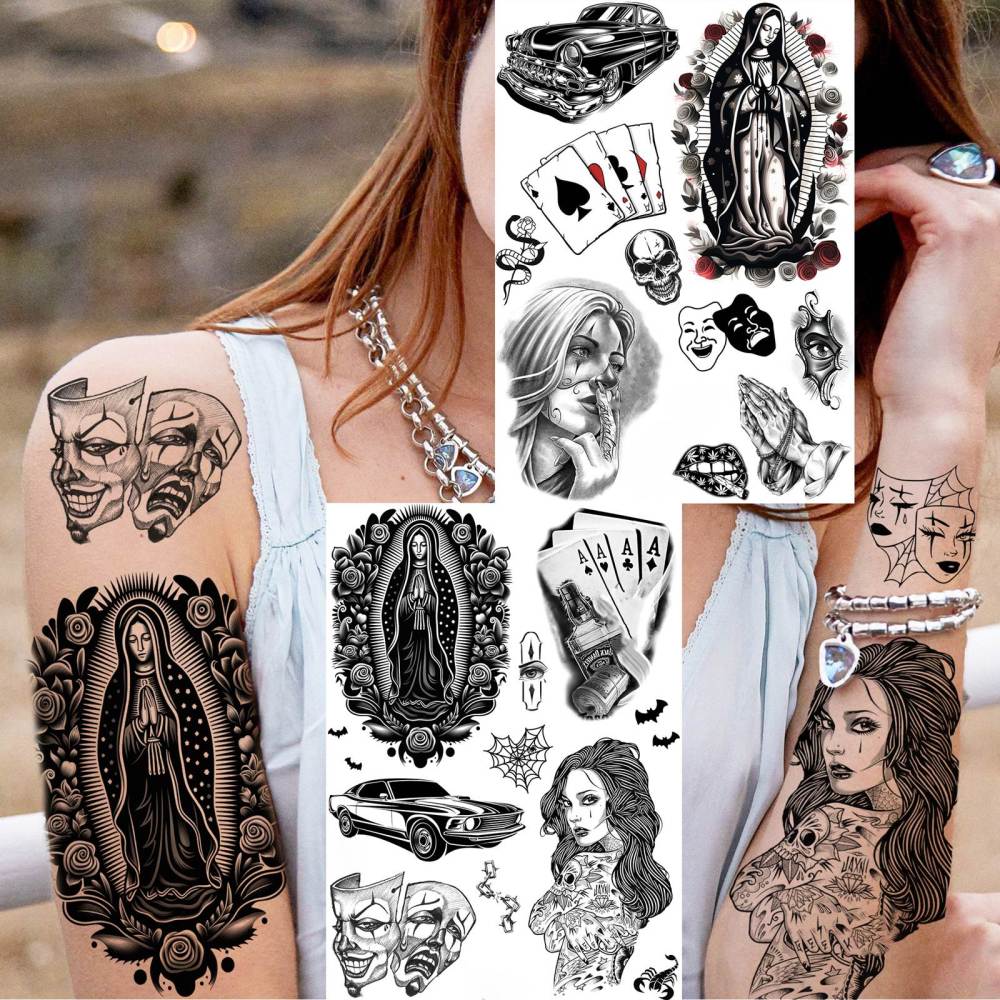 6 Sheets Chicano Temporary Tattoos For Women Men Adults Halloween Face Makeup Kit, Black Guadalupe Tattoo Stickers, Gangster Payasa Gansta Fake Tatoos Prison Familia Joker, Tatuajes Temporales