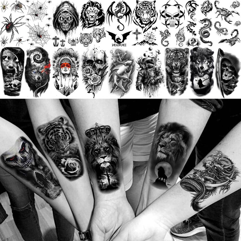 63 Sheets Tribal Wolf Lion Tiger Temporary Tattoos For Men Women Adults, Scary Halloween Skull Gangster Fake Tattoo Stickers Kids, Small 3D Realistic Tattoos Thigh Arm Neck Elephant Warrior