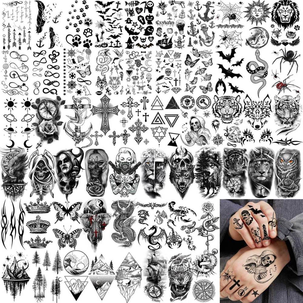 67 Sheets 3D Black Tribal Realistic Lion Temporary Tattoos for Men Women Adults, Bulk Tiger Wolf Warrior Gladiator Temp Skull Skeleton Halloween Fake Half Arm Sleeve Tattoos Stickers Legs Kit Sets