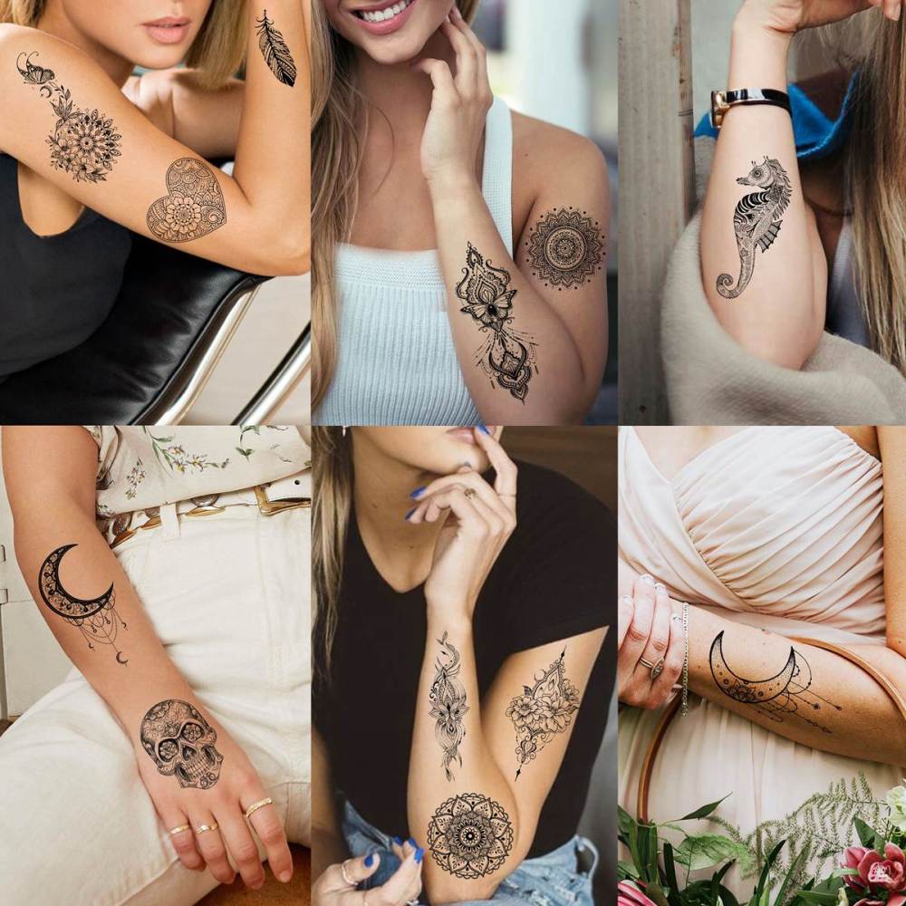 32 Sheets Sexy Black Lotus Temporary Tattoos For Women Girls Indian Tribal Lace Tatoo Sticker Neck, Mandala Flower Butterfly Rose Tattoo Temporary Dreamcatcher Elephant Henna Tattoo Kit Adults
