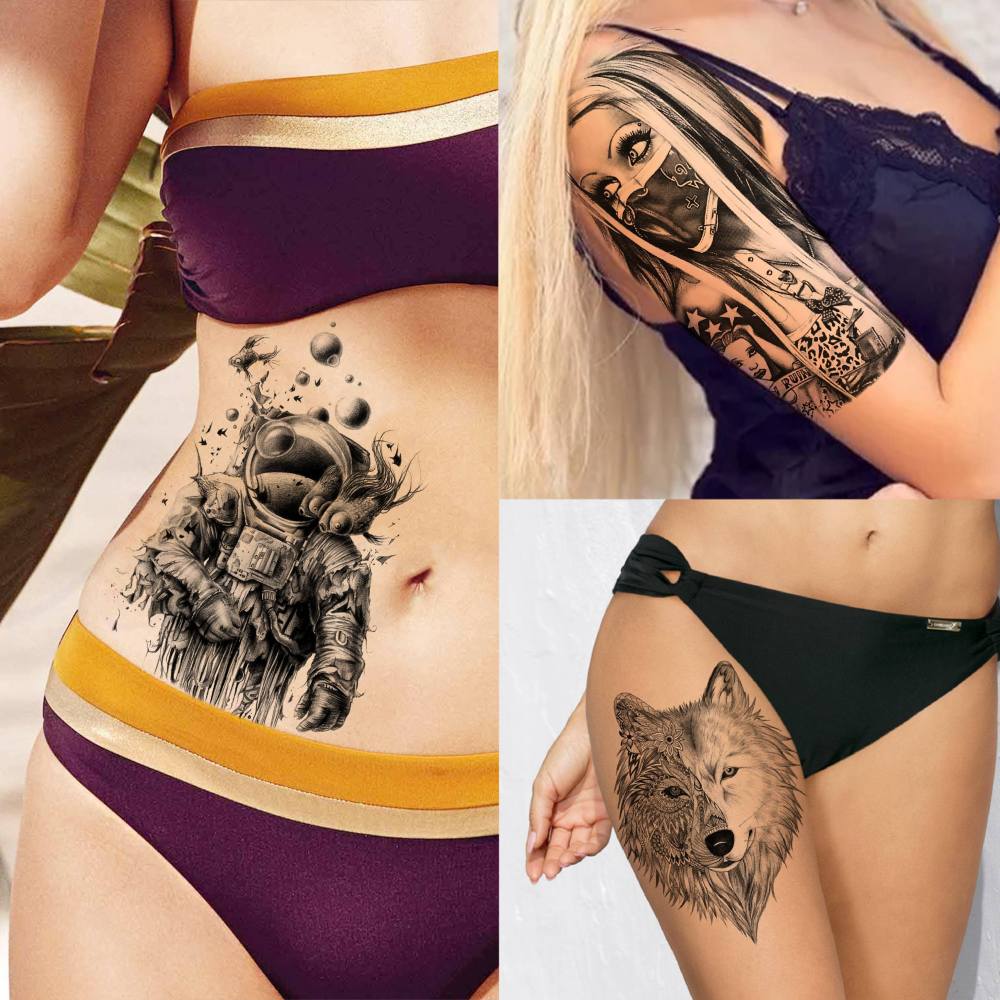 49 Sheets Tribal Black Temporary Tattoos For Women Men Adults Body Arm, Long Lasting Maori Wolf Tiger Lion Spartan Warrior Gladiator Fake Tattoo Stickers Gangster Rose Skull, Bulk Halloween Tattoos