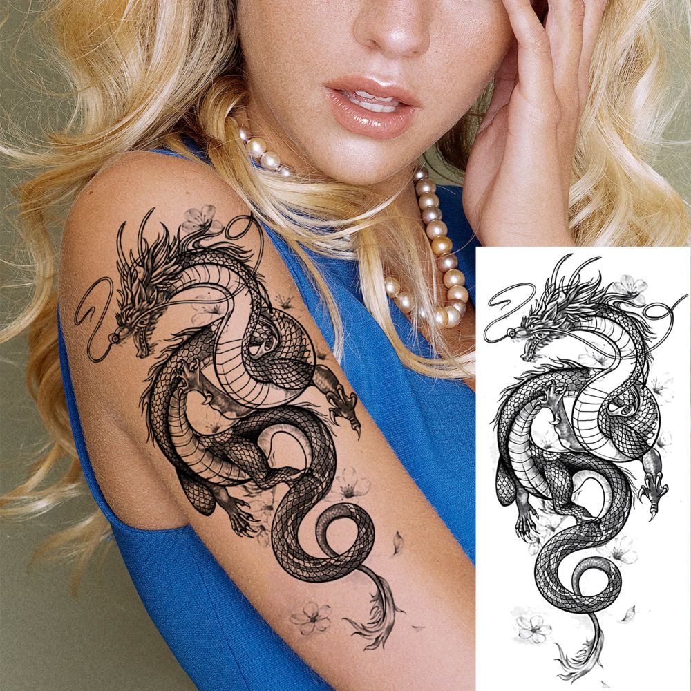 8 Sheets Cool Dragon Temporary Tattoos For Men Women Adults, Black Realistic Dragon Tattoo Sticker Half Arm Sleeve, Waterproof Tribal Totem Fake Tattoos That Look Real and Long Lasting Set Kit