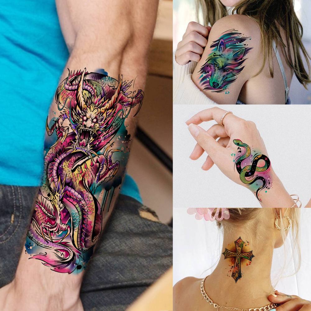 66 Sheets Watercolor Temporary Tattoos For Men Women Forearm Shoulder Legs Body Arm, 12 Sheets Long Lasting Lion Tiger Wolf Dragon Ealge Fake Tattoo Sleeve Adults, 54 Sheets Groovy Small Tatoos Kids