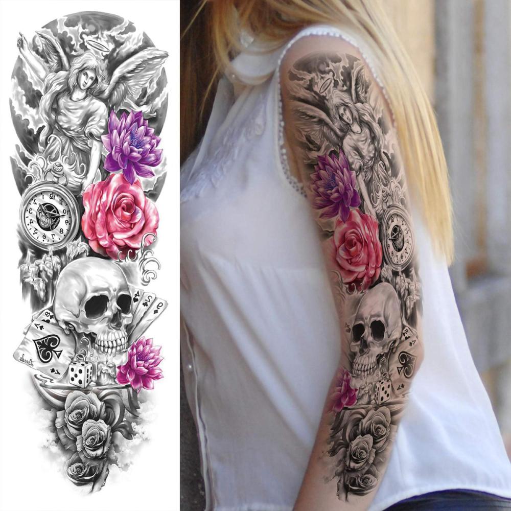 11 Sheets Large Vine Peony Flower Rose Full Arm Temporary Tattoos For Women Realistic Skull Skeleton Fake Temporary Tattoo Sleeves Stickers Waterproof Leg Makeup Floral Blossom Tatoos Paper Eye