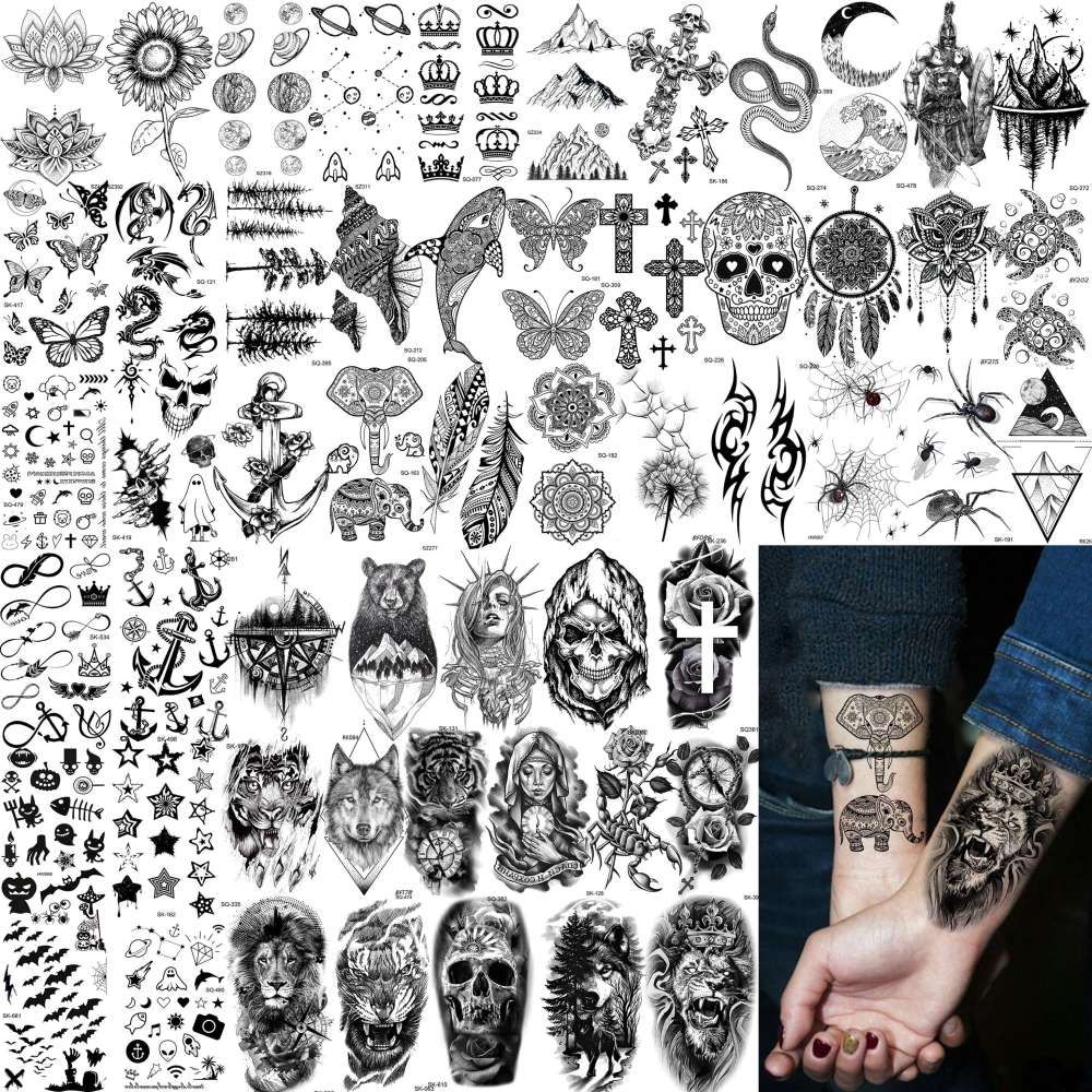 67 Sheets Black Realistic Rose Flower Temporary Tattoos For Women Girls Arm Thigh, Peony Moon Tiger Floral Temp Sleeve Tattoo Sticker Adult, Waterproof Fake Tatoos That Look Real And Last Long