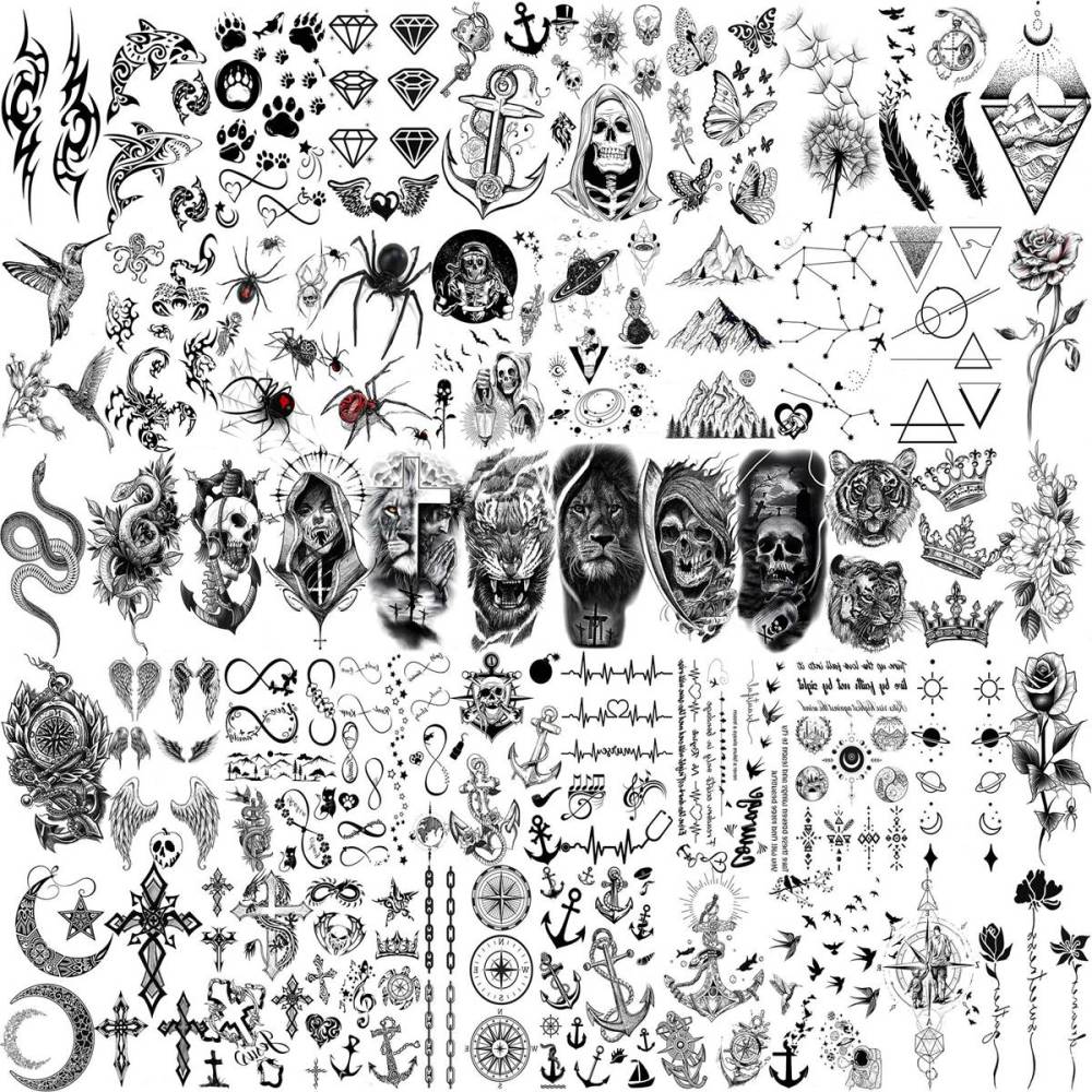 62 Sheets Large Wolf Lion Skeleton Temporary Tattoos For Men Women Arm, 3D Temp Bulk Halloween Accessory Realistic Tattoo Sticker For Adults Neck, Scary Skull Zombie Vampire Fake Tattoos Cobra Snake
