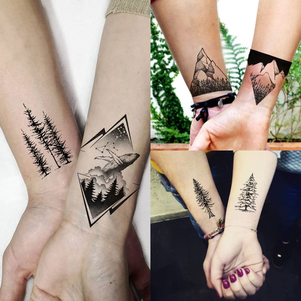 52 Sheets Small Black Mountain Temporary Tattoos For Men Women Adult, Geometric Sea Weave Forest Pine Tree Realistic Tattoo Sticker For Kids Children, Moon Sun Star Triangle Tatoos Outer Space