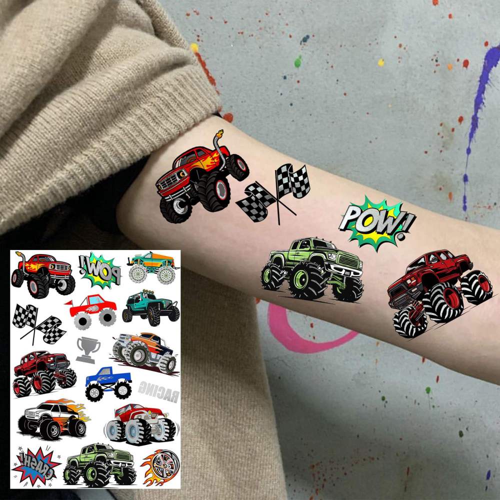 61+ PCS Monster Truck Temporary Tattoos For Kids Boys Girls, Groovy Flash Glitter Silver Metallic Fake Tattoo Sticker, Cartoon Racing Car Flames Trophy Face Tattoo Party Supplies Goodie Bags Stuffers