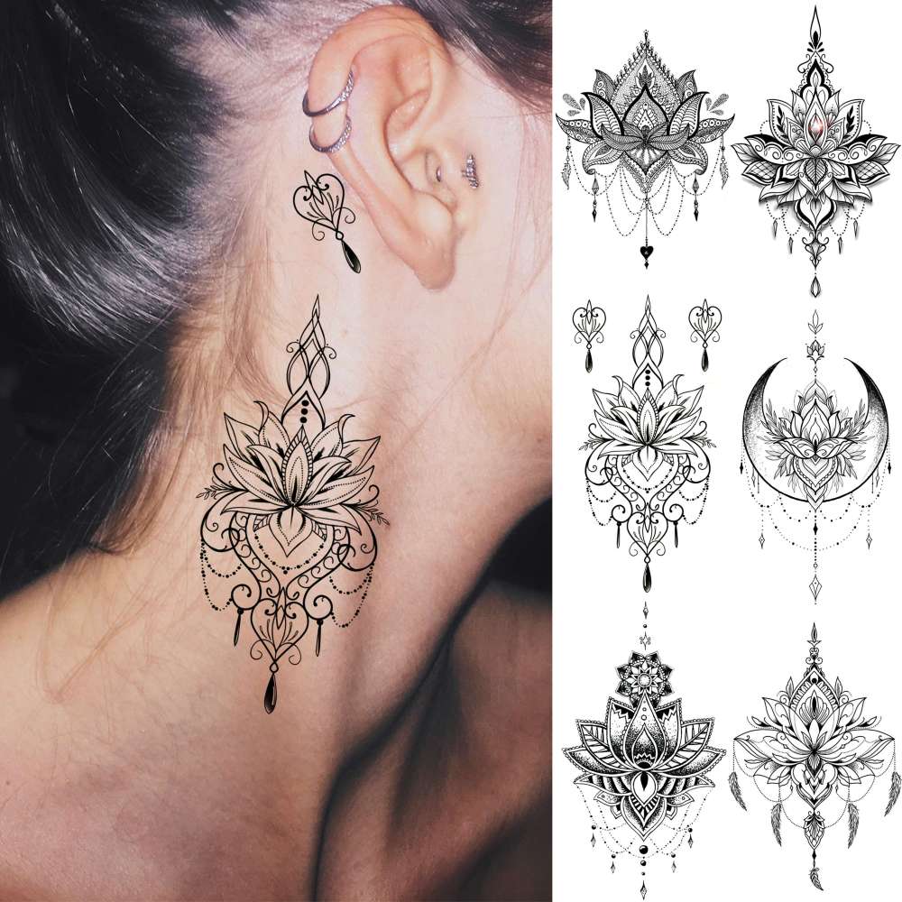 15 Sheets Sexy Black Lotus Temporary Tattoos For Women Wedding Brides, Tribal Fake Jewelry Pendant Lace Moon Moth Flowers Temp Tattoos Temporary Sticker For Girls Arm Neck Hands Tatoos Jewels
