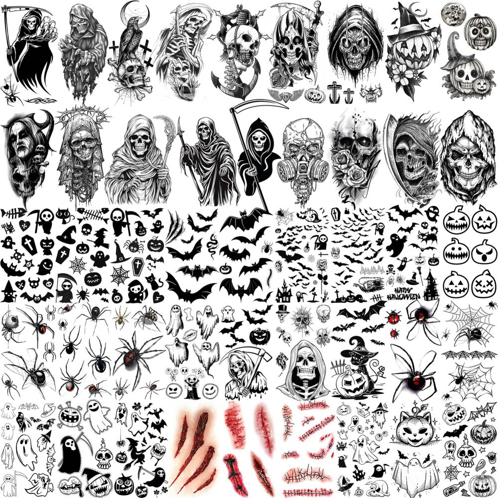 61 Sheets Halloween Temporary Tattoos for Men Women Adults, 12 Sheets Skeleton Death Skull Demon Devil Half Arm Sleeve Fake Tattoo Stickers, 49 Sheets Spider Web Bat Snake Vampire Scar Face Tattoos