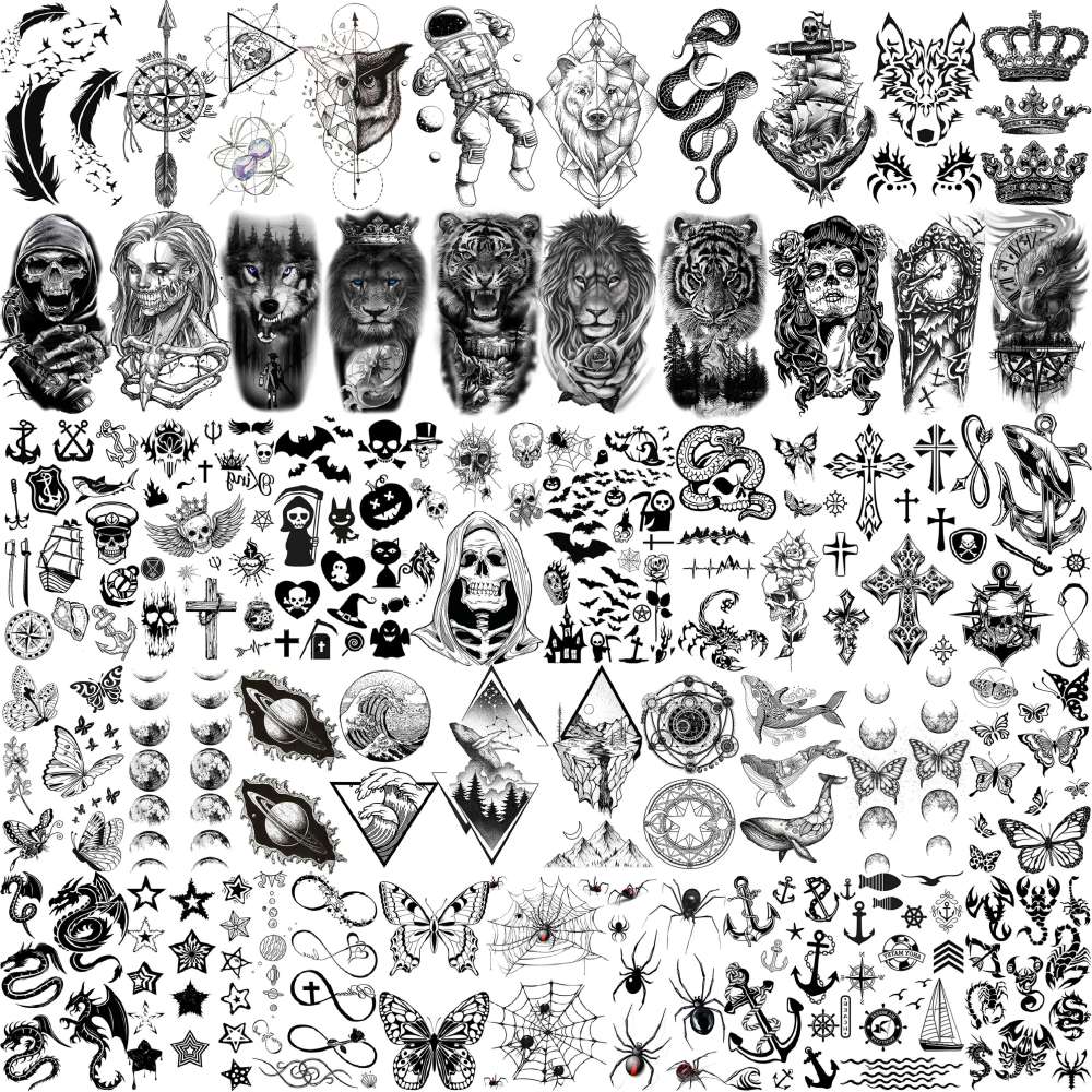 59 Sheets 3D Black Halloween Temporary Tattoos For Men Women Kids, Long Lasting Temp Fake Sleeeve Tattoos For Adults, Large Realistic Skull Skeleton Owl Wolf Lion Tiger Ship Tatoo Sticker Arm