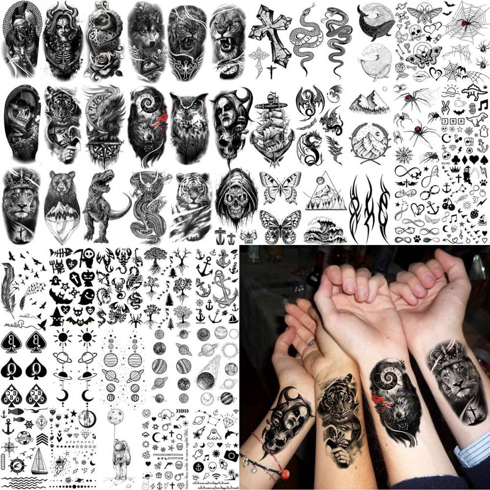 61 Sheets Realistic Skull Tiger Wolf Lion Temporary Tattoos For Women Men Arm Sleeve, 3D Halloween Temp Tattoos Adults Compass Black Rose Flower, Bulk Fake Tattoos That Look Real And Last Long