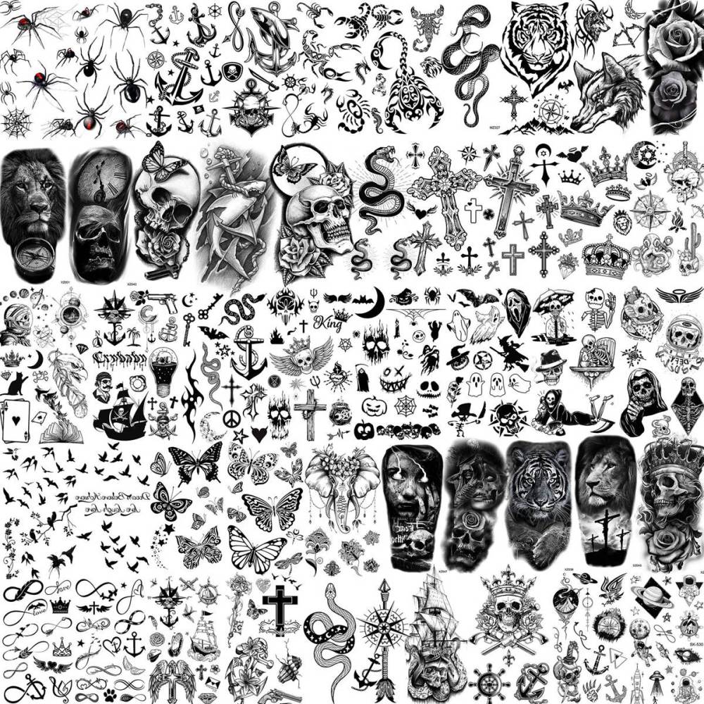 48 Sheets 3D Small Temporary Tattoos For Kids Women Neck Girls Arm Boys, Temp Tiny Halloween Tattoo Stickers Men Spider Cross Scorpion Snake Tiger Lion, Flower Ghost Skull Fake Tatoos Acnhor