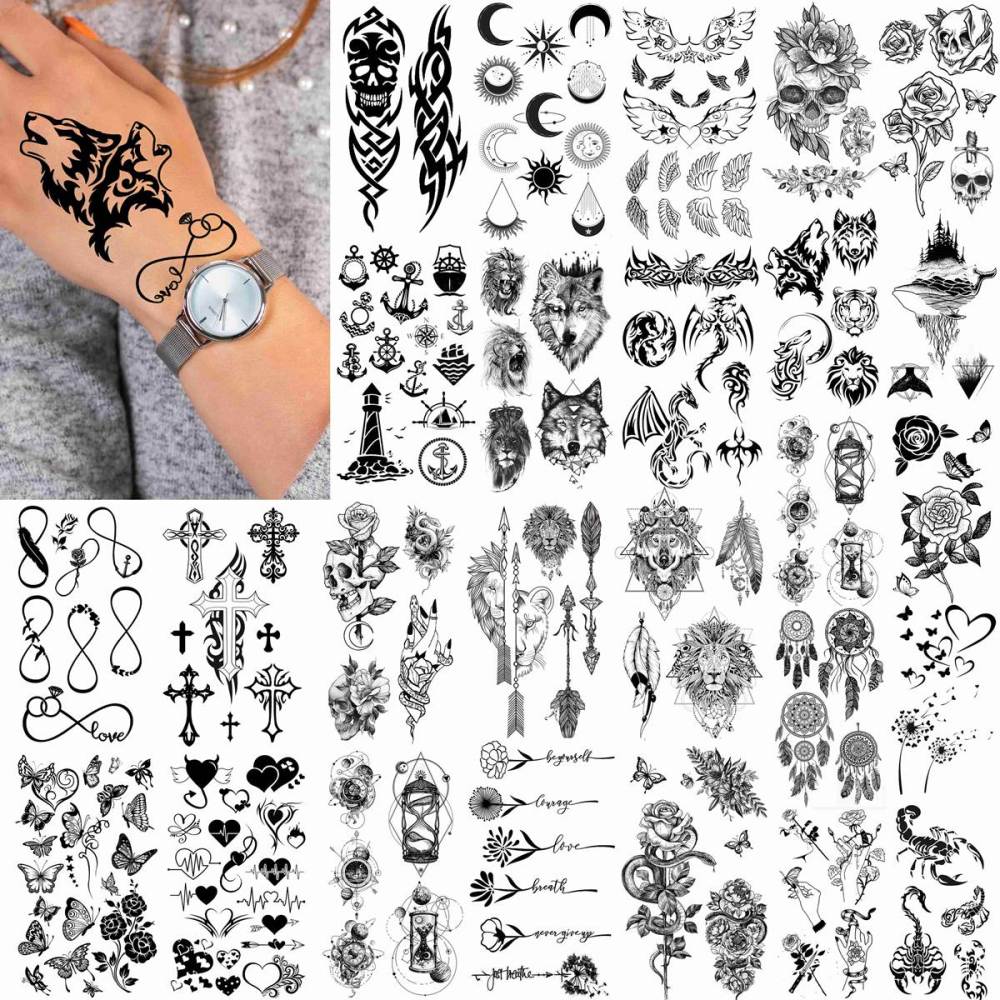52 Sheets Creative Black Tiny Crown Infinity Triangle Fake Tattoos For Men Women Realistic Stars Letters Tattoos For Kids Temporary Waterproof Arm Hand Face Finger Neck Tatoo Stickers