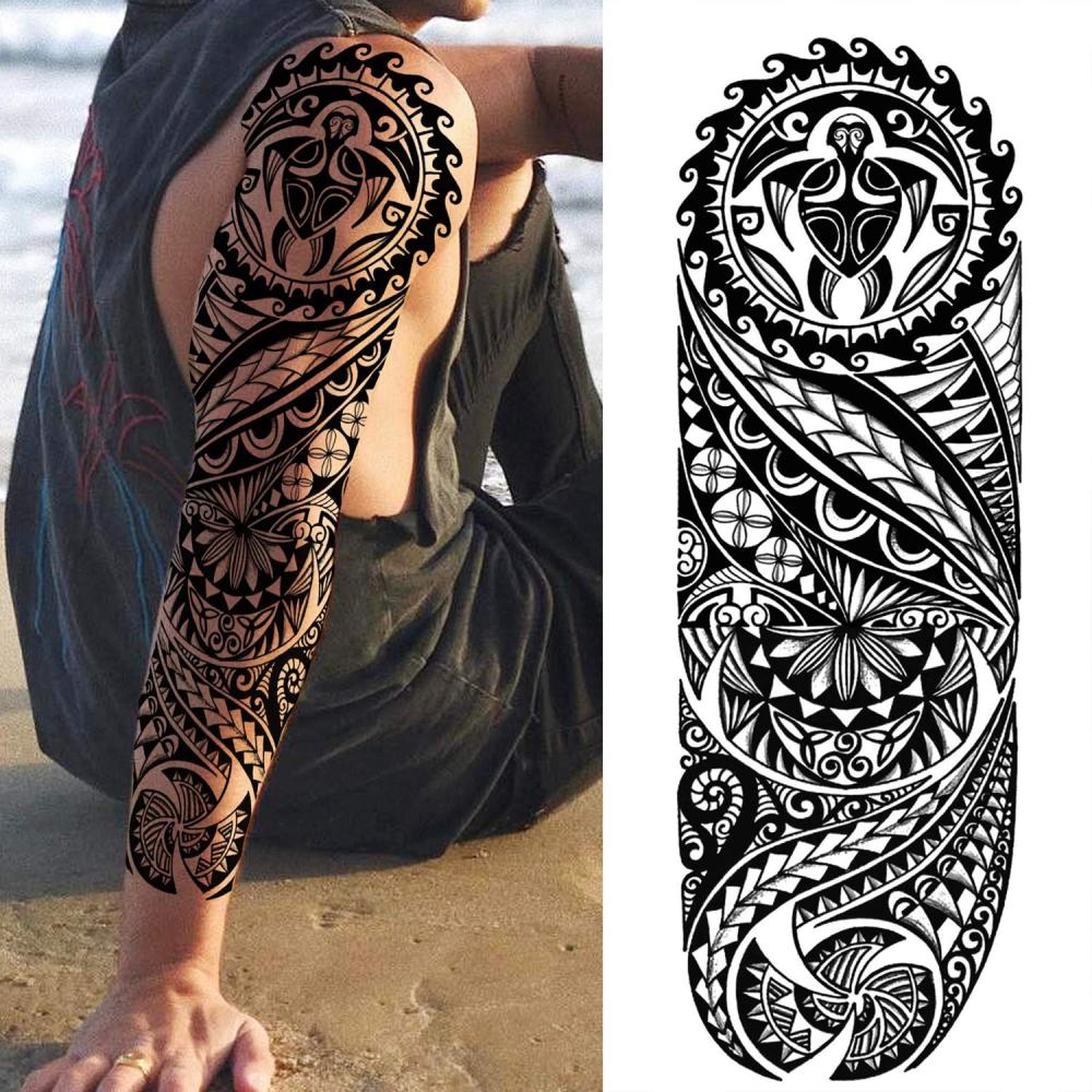 11 Sheets Maori Temporary Tattoo Sleeve For Men Adults Tiki Turtle Manta Waterproof Fake Tattoo Sleeves For Women Black Dragon Totem Tribal Military Long Full Sleeve Tattoos Temporary Stickers
