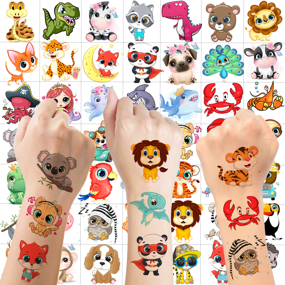 50 PCS Cute Animals ZOO Kids Temporary Tattoos For Girls Boys Face Ocean Rabbit Panda Fox Dog Cat Mermaid, 3D Cartoon Fake Tattoos For Child Sets, Party Favor Supplies Basket Goodie Bags Stuffers