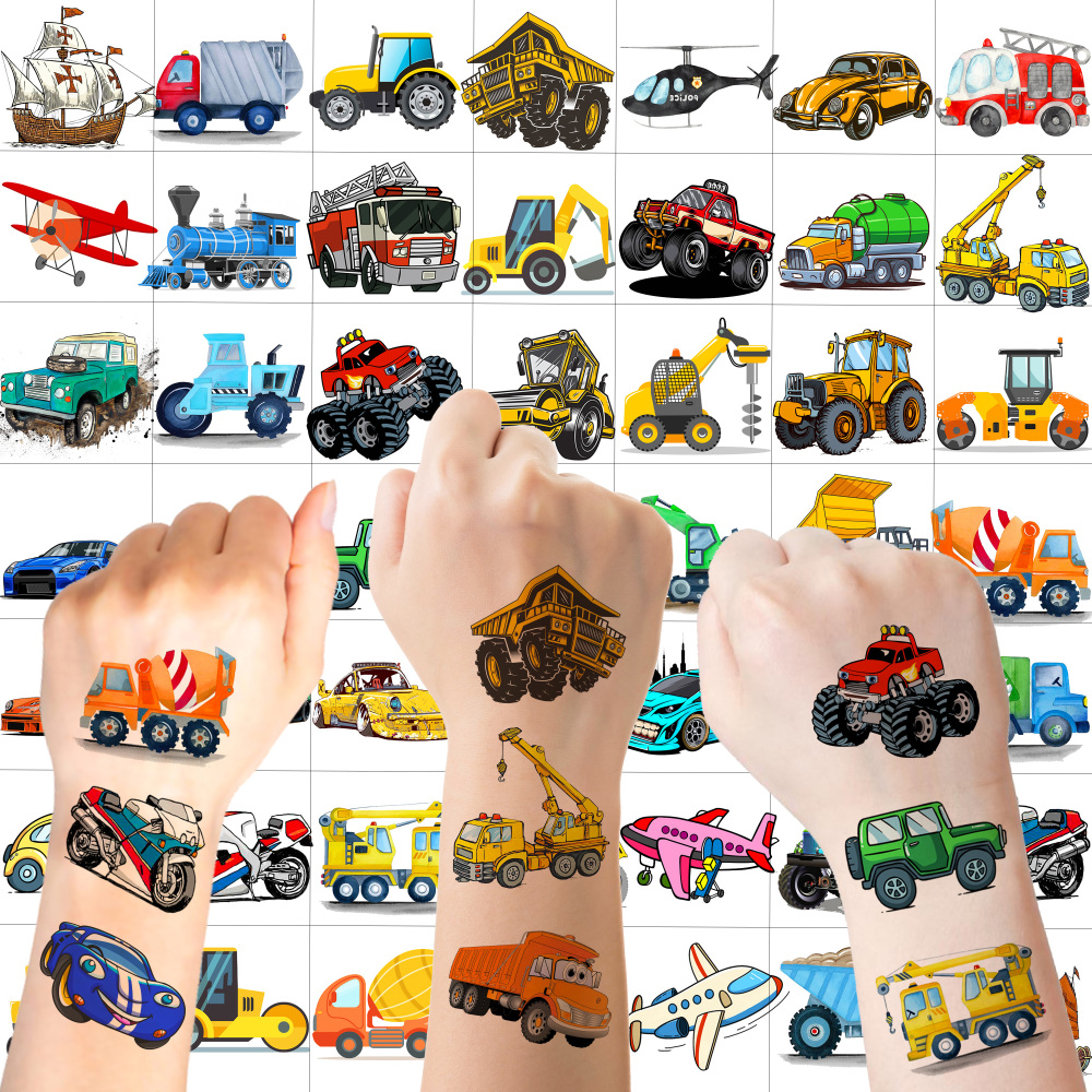 50 PCS Cute Cartoon Construction Temporary Tattoos For Kids Boys Face Arm, 3D Builder Excavator Monster Truck Racing Car Fake Tattoo Sticker Children Party Favor Birthday Gifts, Goodie Bags Stuffers