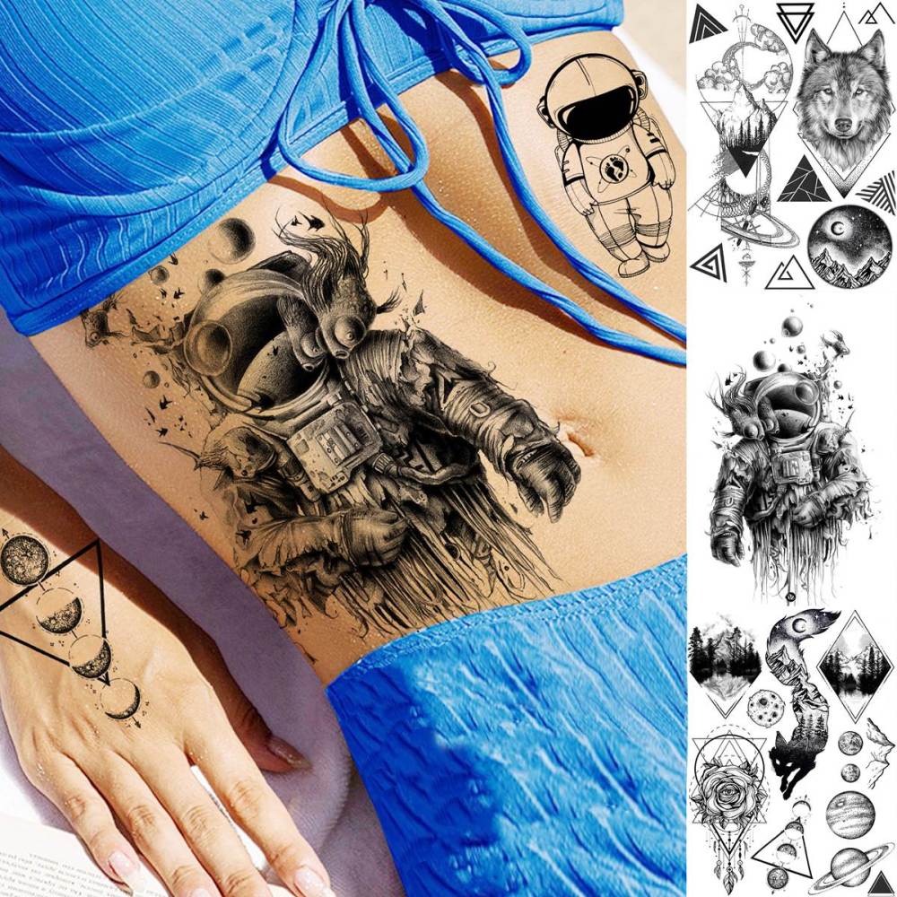 33 Sheets Outer Space Temporary Tattoos for Kids Boys Girl Women Men Adults Children, Geometry Astronaut Universe Fake Tattoo Star Moon Solar Syetem