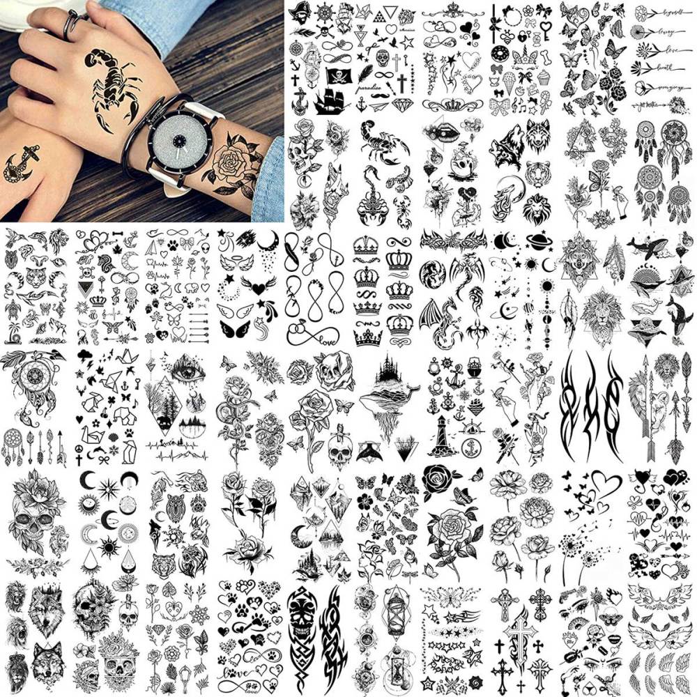 52 Sheets Creative Black Tiny Crown Infinity Triangle Fake Tattoos For Men Women Realistic Stars Letters Tattoos For Kids Temporary Waterproof Arm Hand Face Finger Neck Tatoo Stickers