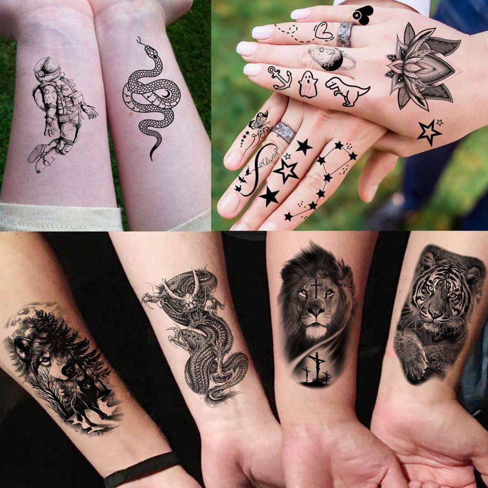 65 Sheets  Black Tiger Lion Temporary Tattoos For Men Women Arm Sleeve, Waterproof Tattoo Stickers Adults Snake Wolf Rose Flower Compass, 3D Skull Owl Fake Tattoos That Look Real And Last Long