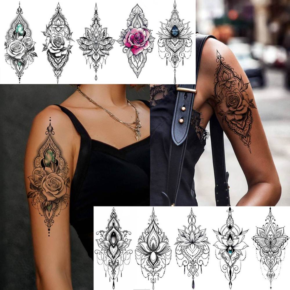 32 Sheets Sexy Black Lotus Temporary Tattoos For Women Girls Indian Tribal Lace Tatoo Sticker Neck, Mandala Flower Butterfly Rose Tattoo Temporary Dreamcatcher Elephant Henna Tattoo Kit Adults