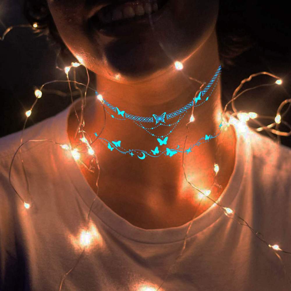 Blue Luminous Star Crescent Moon Temporary Tattoos For Women Clavicle Girls Adults Neck, 4 Sheets Sexy Lace Butterfly Planet Fake Necklace Glow In The Dark Tattoo Sticker, Night Glitter Party Supply