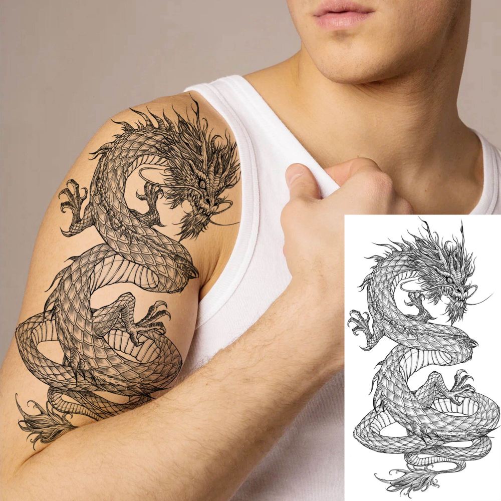 8 Sheets Cool Dragon Temporary Tattoos For Men Women Adults, Black Realistic Dragon Tattoo Sticker Half Arm Sleeve, Waterproof Tribal Totem Fake Tattoos That Look Real and Long Lasting Set Kit