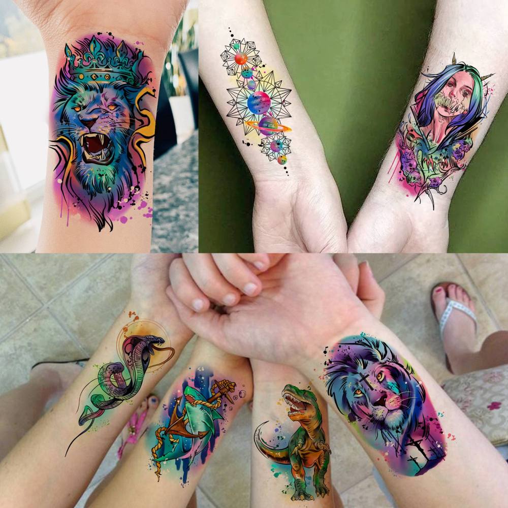 66 Sheets Watercolor Temporary Tattoos For Men Women Forearm Shoulder Legs Body Arm, 12 Sheets Long Lasting Lion Tiger Wolf Dragon Ealge Fake Tattoo Sleeve Adults, 54 Sheets Groovy Small Tatoos Kids