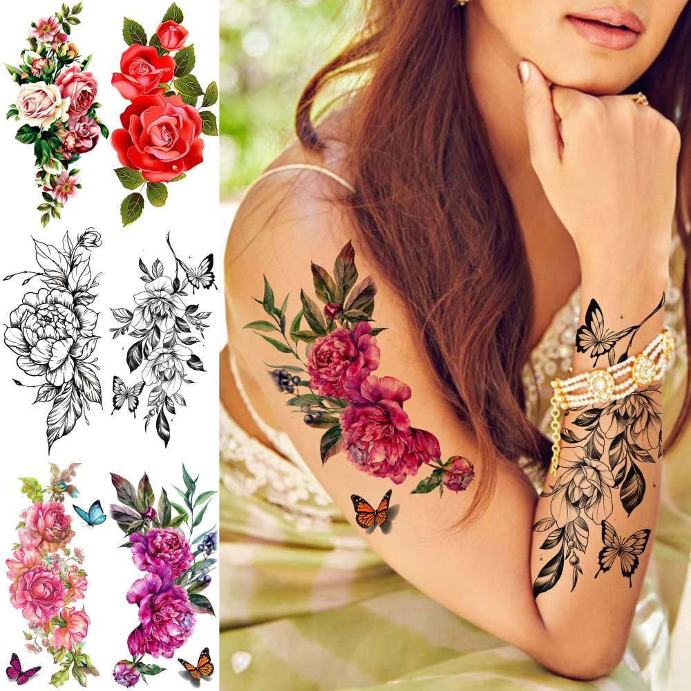 18 Sheets Sexy Flower Rose Temporary Tattoos For Women Girls Adults, Women Body Art Fake Arm Tattoo Stickers, Waterproof Moon Butterfly Black Floral Tattoo Temporary Orchid Dahlia Neck Tatoos