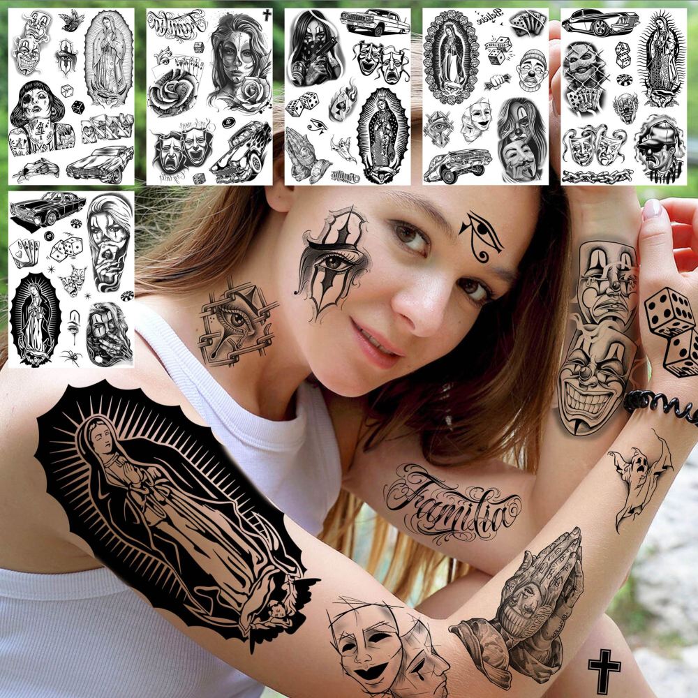 6 Sheets Large Chicano Temporary Tattoos For Men Women Adult, Chicana Guadalupe Gangster Fake Tattoos Prisoner Day of the Dead, Halloween Mexico Tattoo Stickers, Tatuajes Temporales Autocolante