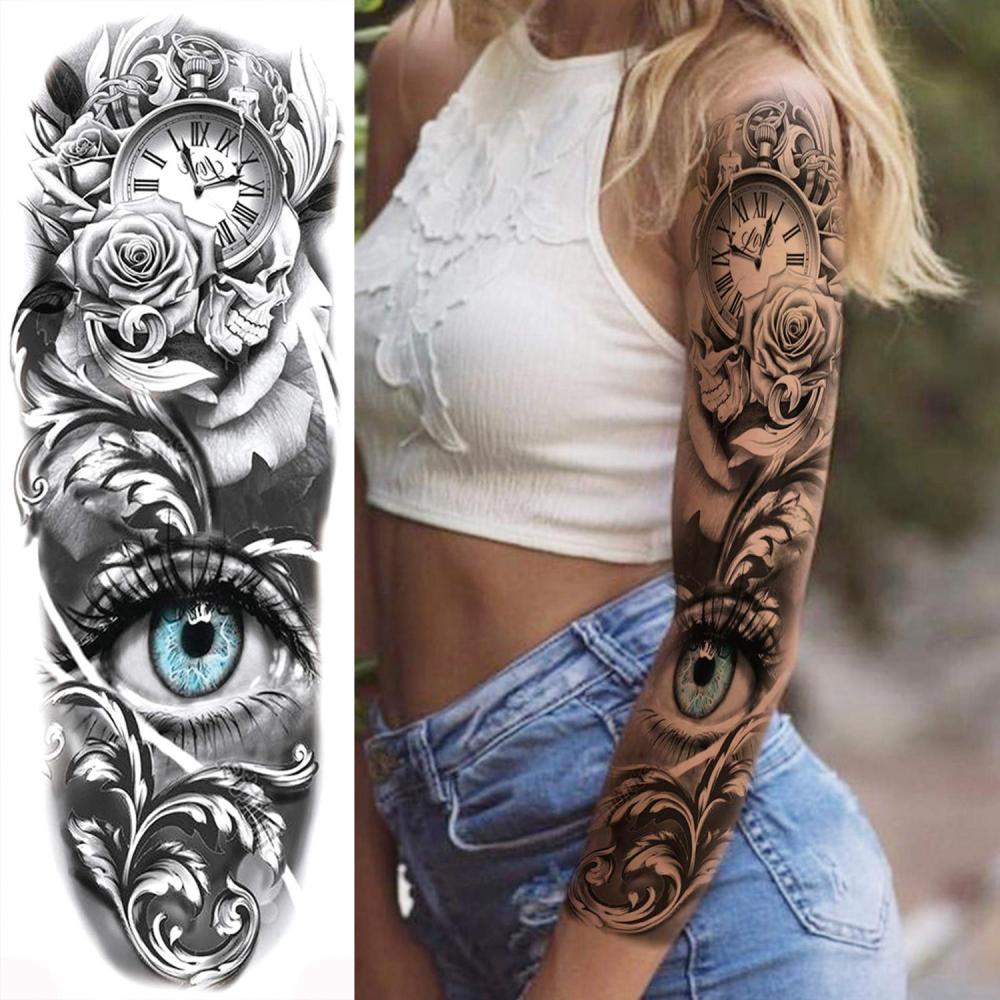 11 Sheets Large Vine Peony Flower Rose Full Arm Temporary Tattoos For Women Realistic Skull Skeleton Fake Temporary Tattoo Sleeves Stickers Waterproof Leg Makeup Floral Blossom Tatoos Paper Eye