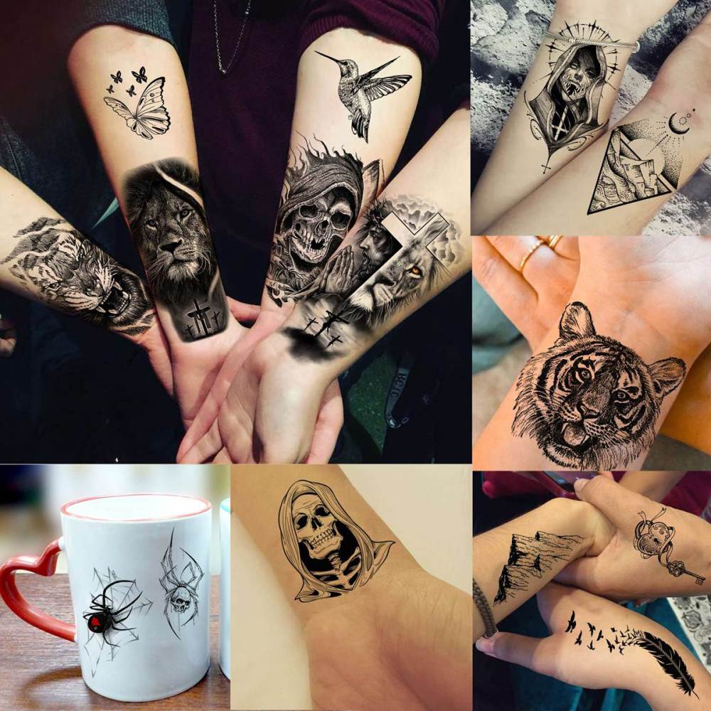 62 Sheets Large Wolf Lion Skeleton Temporary Tattoos For Men Women Arm, 3D Temp Bulk Halloween Accessory Realistic Tattoo Sticker For Adults Neck, Scary Skull Zombie Vampire Fake Tattoos Cobra Snake