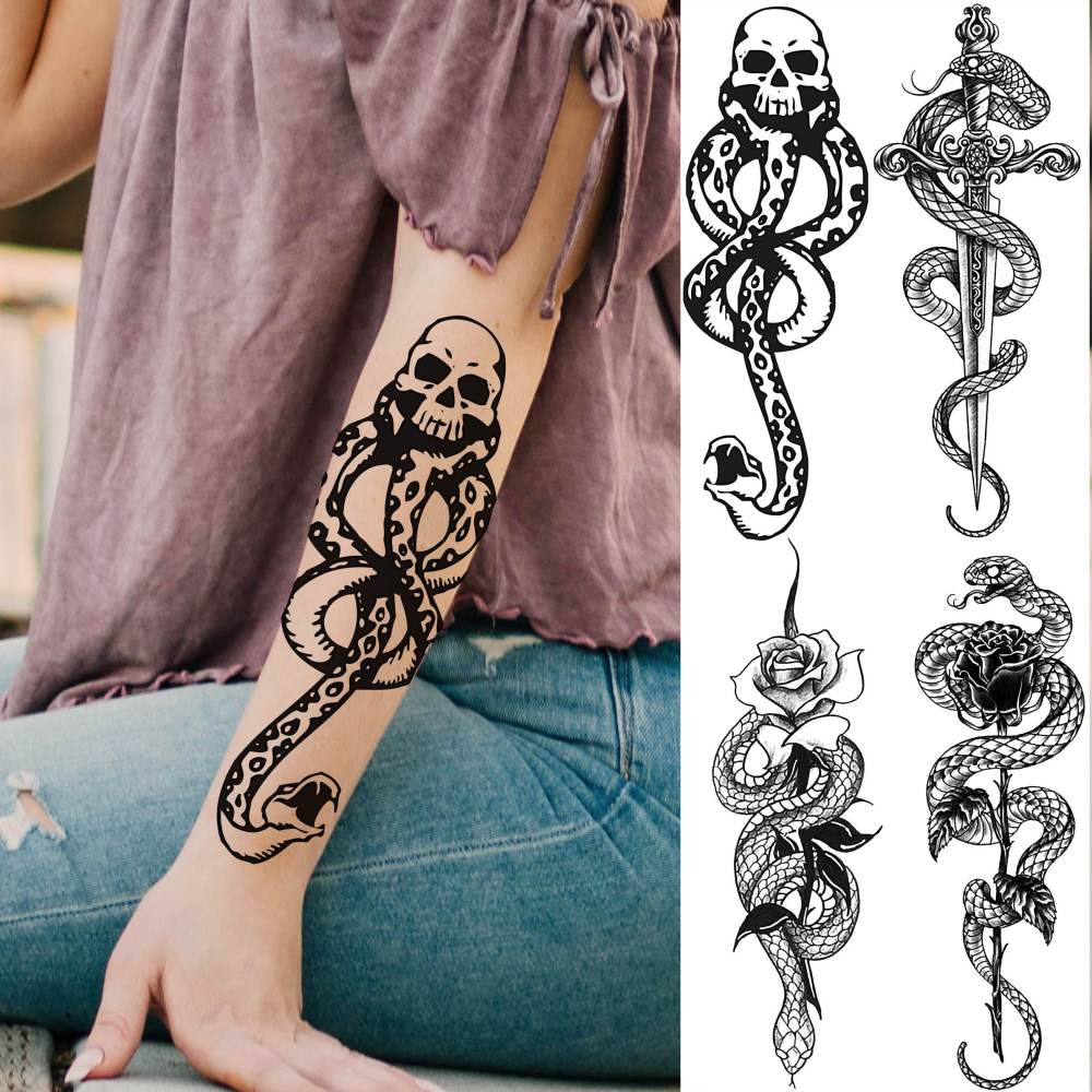 10 Sheets Realistic Snake Temporary Tattoos For Women Men Forearm Arm Sexy 3D Tribal Cobra Mamba Viper Serpent Tattoos Temporary Adults Kids Fake Tattoos Sticker Black Sword Rose Flower Tatoos