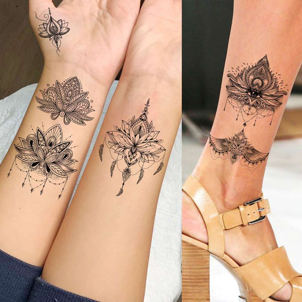 15 Sheets Sexy Black Lotus Temporary Tattoos For Women Wedding Brides, Tribal Fake Jewelry Pendant Lace Moon Moth Flowers Temp Tattoos Temporary Sticker For Girls Arm Neck Hands Tatoos Jewels