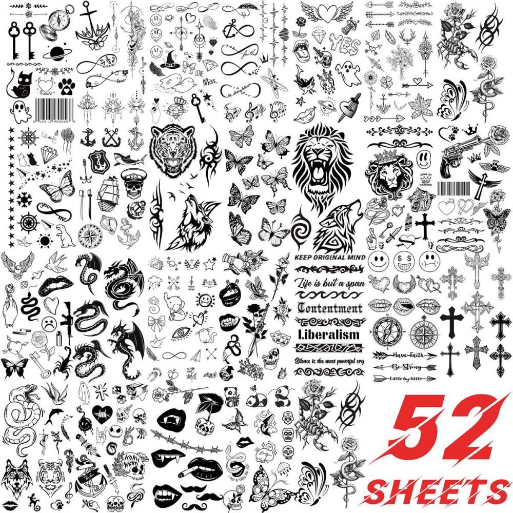 52 Sheets Tiny Small Temporary Tattoos For Kids Boys Girls, Tribal Animals Butterfly Anchor Compass Tattoo Stickers For Men Women, 3D Cute Flower Fake Face Tatoo Kits Sets For Neck Arm Hands
