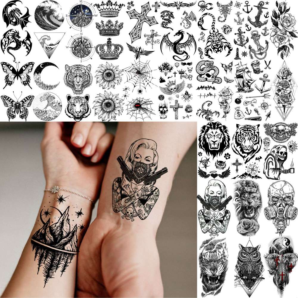 66 Sheets Black Eagle Dragon Halloween Temporary Tattoos For Men Women Thigh, Scary Tiger Lion Devil Skull Fake Tattoos For Adults, 3D Wolf Large Half Arm Sleeve Realistic Tattoo Forearm Vampire Demon