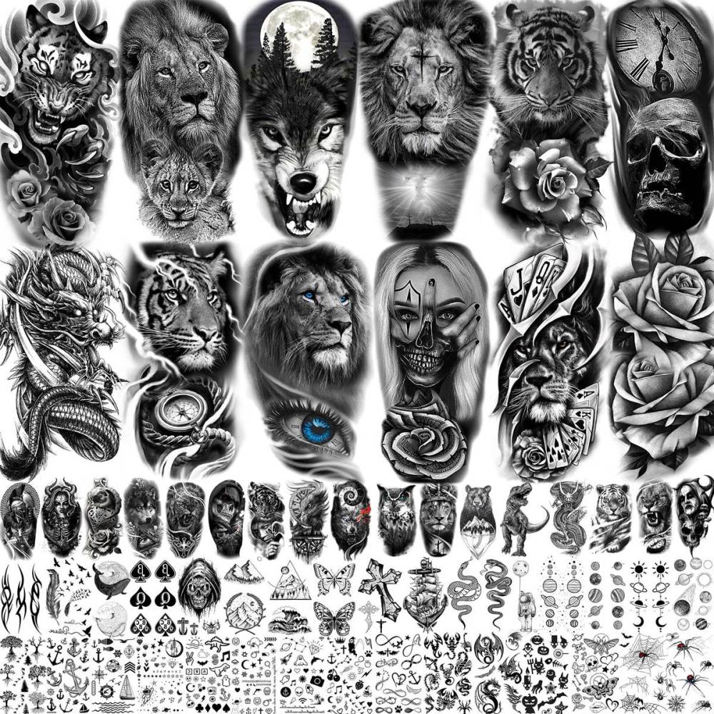 61 Sheets Realistic Skull Tiger Wolf Lion Temporary Tattoos For Women Men Arm Sleeve, 3D Halloween Temp Tattoos Adults Compass Black Rose Flower, Bulk Fake Tattoos That Look Real And Last Long