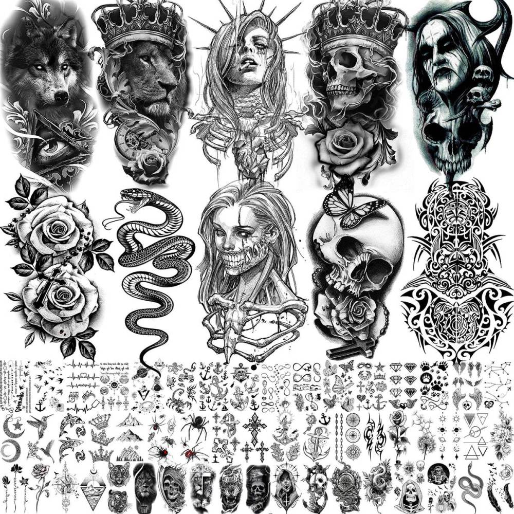 62 Sheets Large Wolf Lion Skeleton Temporary Tattoos For Men Women Arm, 3D Temp Bulk Halloween Accessory Realistic Tattoo Sticker For Adults Neck, Scary Skull Zombie Vampire Fake Tattoos Cobra Snake