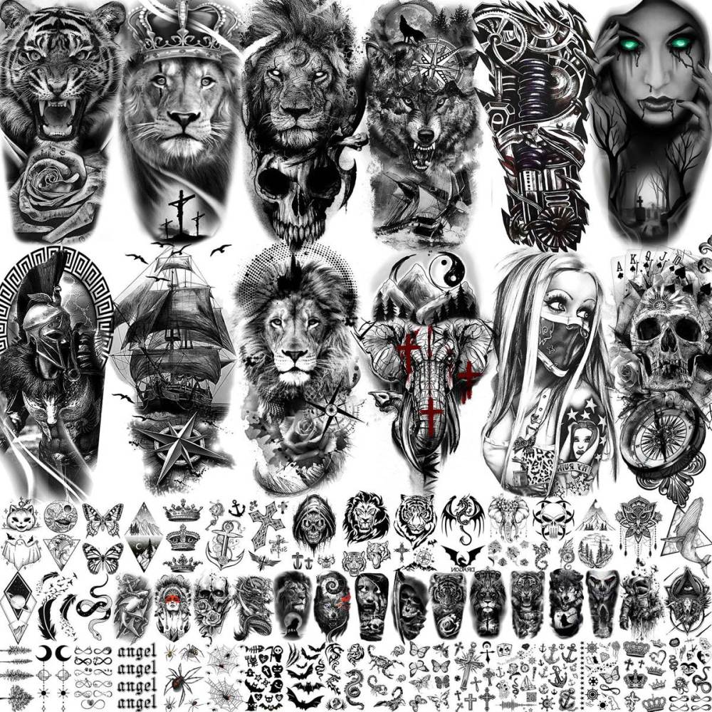 63 Sheets Tribal Wolf Lion Tiger Temporary Tattoos For Men Women Adults, Scary Halloween Skull Gangster Fake Tattoo Stickers Kids, Small 3D Realistic Tattoos Thigh Arm Neck Elephant Warrior
