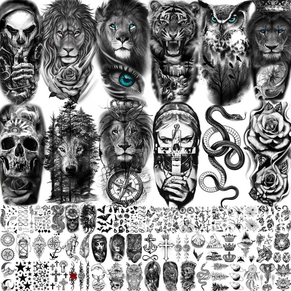 65 Sheets  Black Tiger Lion Temporary Tattoos For Men Women Arm Sleeve, Waterproof Tattoo Stickers Adults Snake Wolf Rose Flower Compass, 3D Skull Owl Fake Tattoos That Look Real And Last Long
