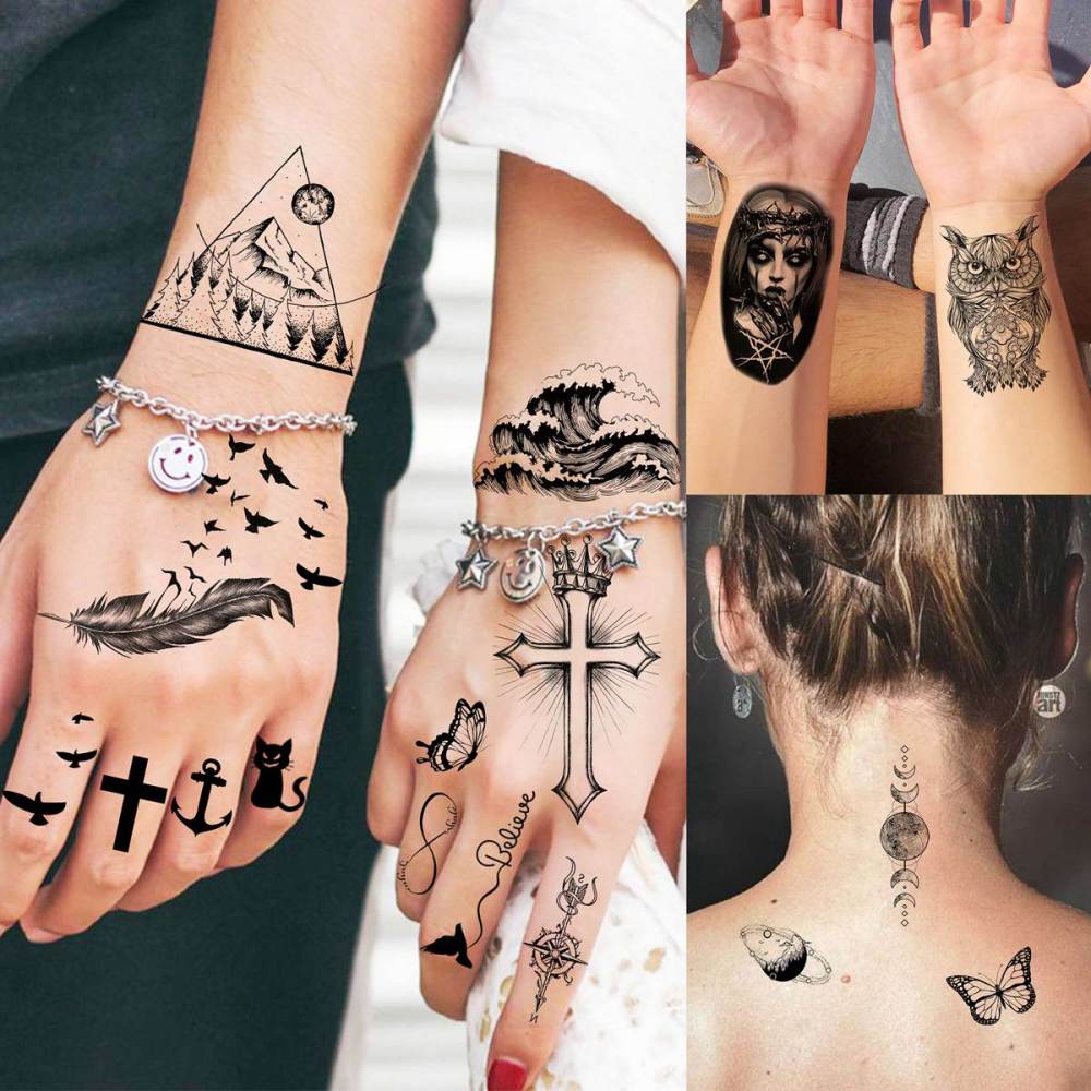 65 Sheets  Black Tiger Lion Temporary Tattoos For Men Women Arm Sleeve, Waterproof Tattoo Stickers Adults Snake Wolf Rose Flower Compass, 3D Skull Owl Fake Tattoos That Look Real And Last Long